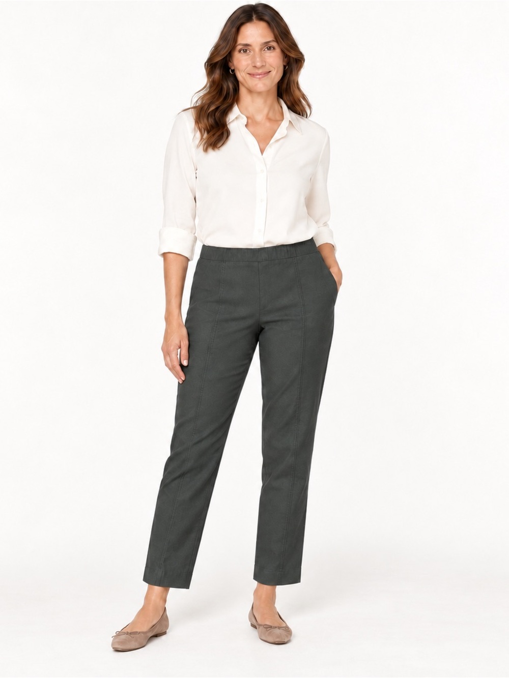 Essential cotton stretch ankle pants green pull on tonal zip pocket casual chic
